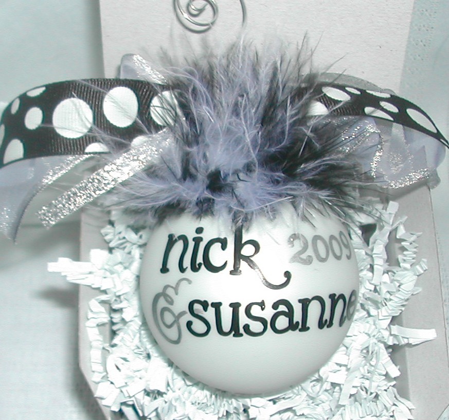 Nick and Susanne personalized ornament by Debi Sementelli, hand lettering , personalized ornaments, debi sementelli, calligraphy, holiday gifts, holiday ornaments, lettering art studio, christmas ornaments,debi sementelli, lettering art studio,calligraphy fonts, cursive fonts, script fonts, fancy fonts, hand lettered fonts