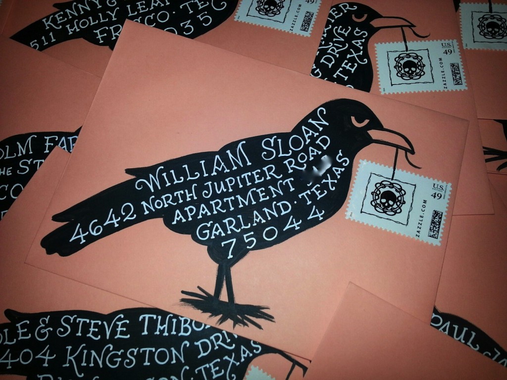 DIY Halloween envelopes, Hand lettering, Calligraphy, black crow drawing, Hand painted envelope, Hand addressed envelope, calligraphy on envelopes, Halloween, Halloween party invitation, hand lettered fonts, best selling fonts, fonts for invitations, wedding fonts, most popular fonts